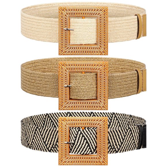 3 Pcs Straw Woven Belts Elastic Raffia Belts For Women 2025 Rattan Buckle🖤 - Picture 1 of 6